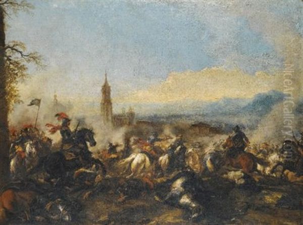 A Cavalry Engagement, A Cathedral Beyond (+ A Cavalry Skirmish; Pair) Oil Painting by Jacques Courtois
