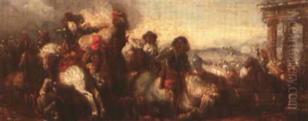 Combat De Cavalerie Pres Des Ruines D'un Temple Antique Oil Painting by Jacques Courtois