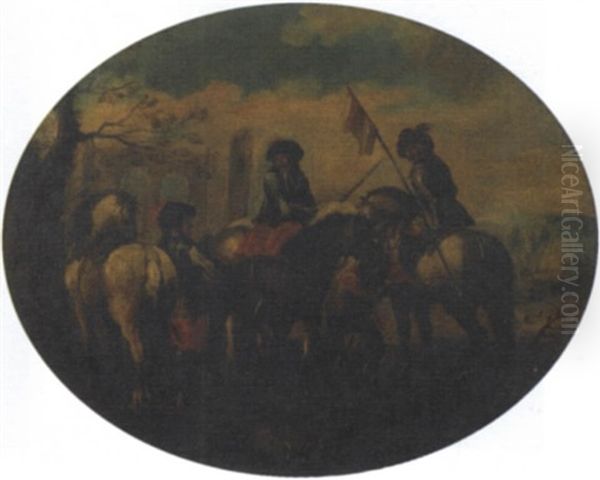 Cavalieri In Sosta Presso Rovine Antiche Oil Painting by Jacques Courtois