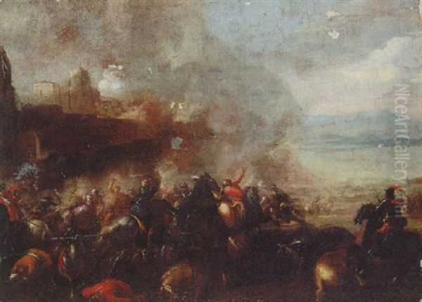 A Cavalry Battle Before A Walled Town Oil Painting by Jacques Courtois
