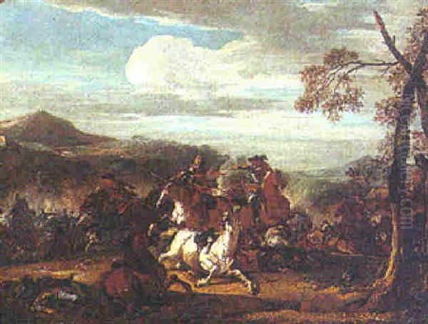 A Calvary Skirmish In A Mountainous Landscape Oil Painting by Jacques Courtois