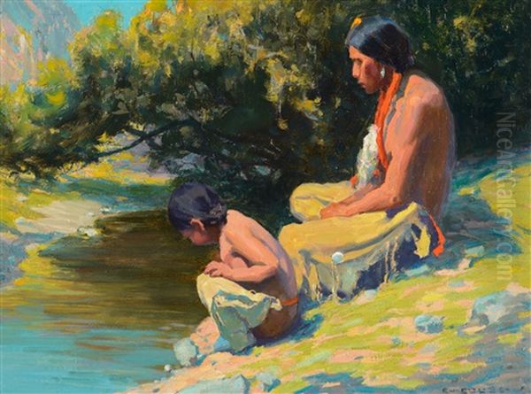The Bank Of The River - Brave And Son Oil Painting by Eanger Irving Couse