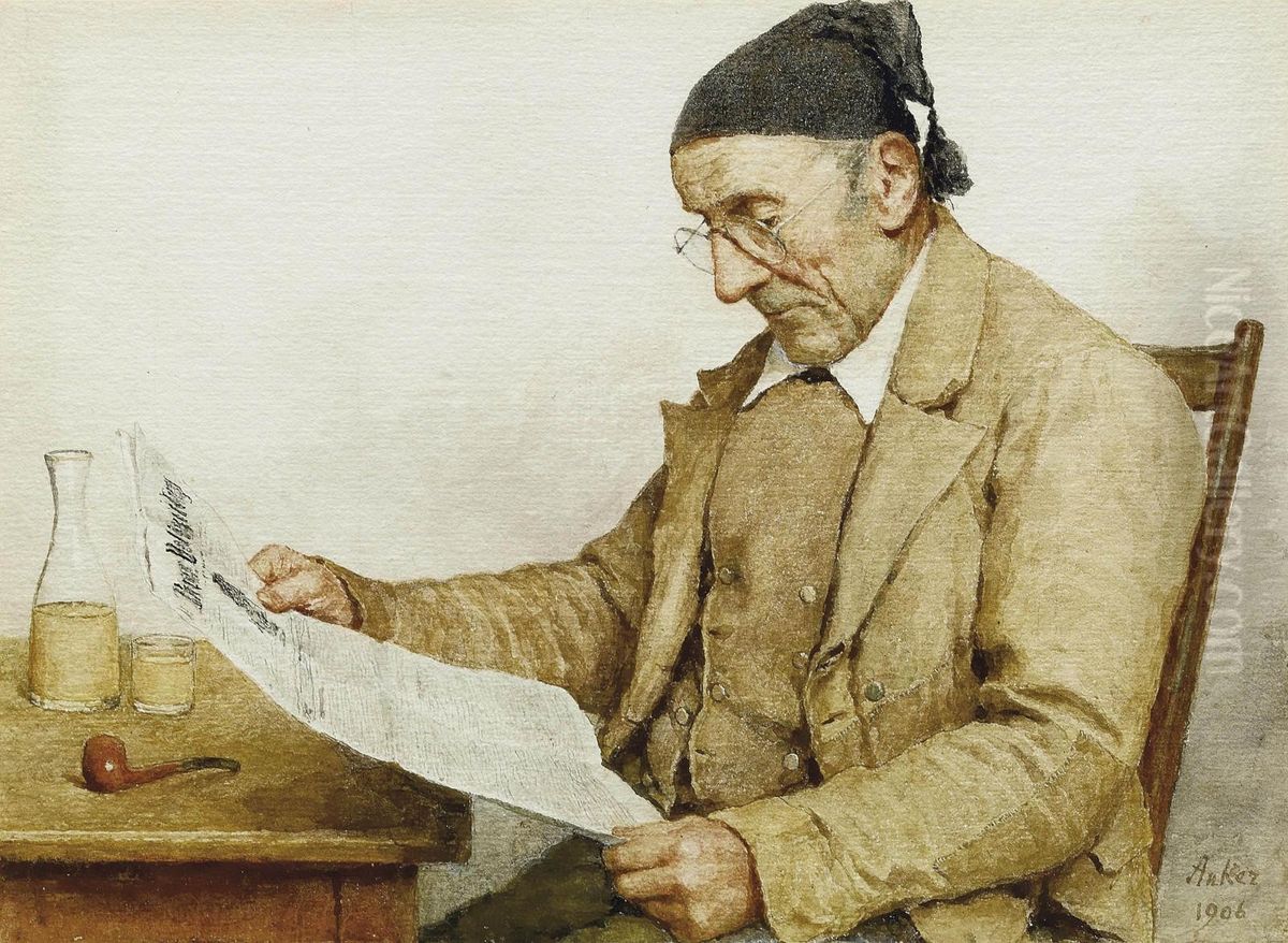 Grossvater Mit Zeitung Oil Painting by Albert Anker