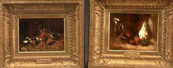 Coq Et Poule (+ Coq Canards; Pair) Oil Painting by Philibert-Leon Couturier