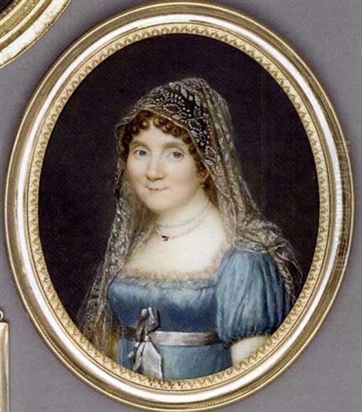 A Young Lady In Cream-lace Bordered Pale Blue Silk Dress, Grey Sash Tied In A Bow, Double Strand Pearl Necklace, Embroidered Gauze Veil In Her Curling Brown Hair Oil Painting by Jean-Baptiste Couvelet