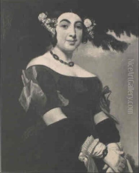 Portrait De Jeune Femme A Mi-corps Sur Fond De Parc Oil Painting by Jean-Baptiste Couvelet