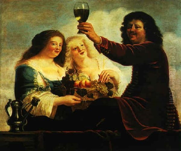 A Bravo Seated On A Balustrade And Brandishing A Wineglass, Attended By Two Maidens With A Basket Of Fruit Oil Painting by Christian van Couwenbergh