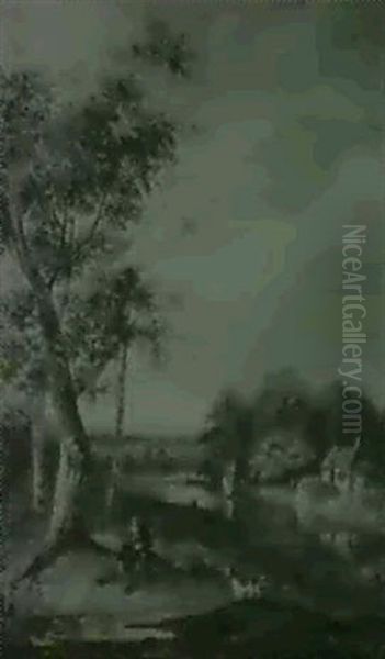 Hollandische Flusslandschaft Mit Bootsstaffage Und Einem    Bauernhaus Vor Einem Waldstuck Oil Painting by Henricus W. Couwenbergh