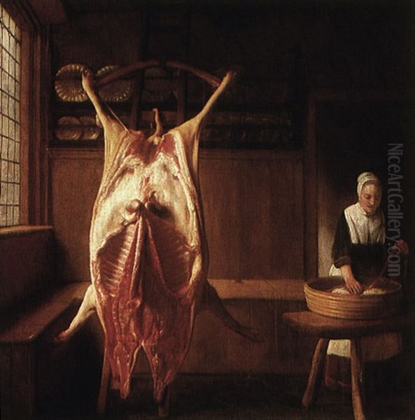 A Kitchen Interior With A Maid By The Carcass Of A Cow Oil Painting by Reynier Covyn