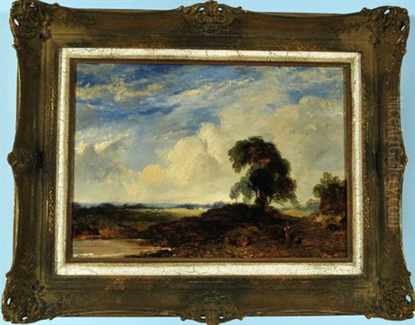 Spazierganger Mit Hund An Einem Teich In Einer Weiten Landschaft Mit Cumuluswolken Oil Painting by David Cox