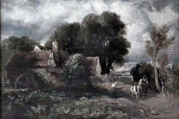Watermill With Figure On Horseback To Foreground (in The Manner Of John Constable) Oil Painting by David Cox