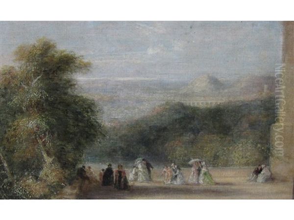 Figures On A Terrace, An Extensive Landscape With Viaduct Beyond Oil Painting by David Cox