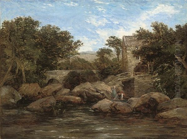 Figures By A River, A Mill Beyond Oil Painting by David Cox