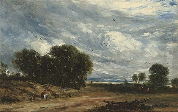 Figures Sheltering By The Wayside (+ Oil Of A Lock; 2 Works) Oil Painting by David Cox