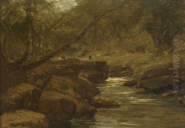 A Rocky Wooded Landscape, With Figures Oil Painting by David Cox