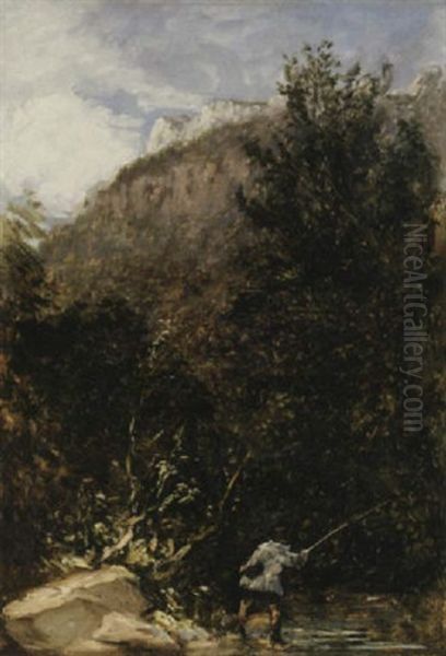 An Angler On The River Llugwy, Bettws-y-coed Oil Painting by David Cox
