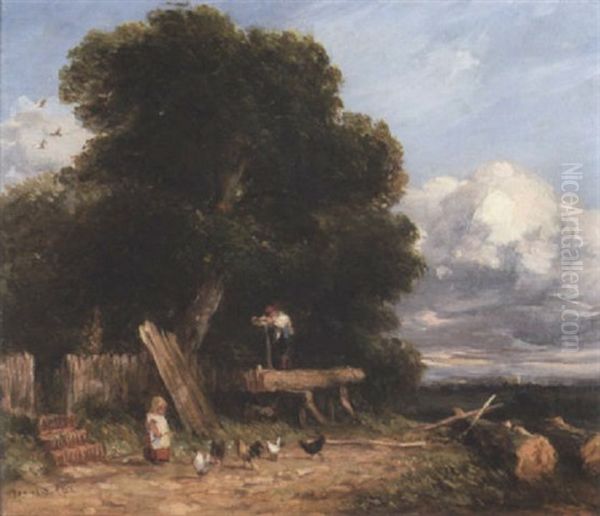 Landscape With A Figure Sawing Wood Beneath A Tree Oil Painting by David Cox