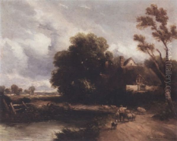 A Shepherd And His Flock By A Cottage Oil Painting by David Cox