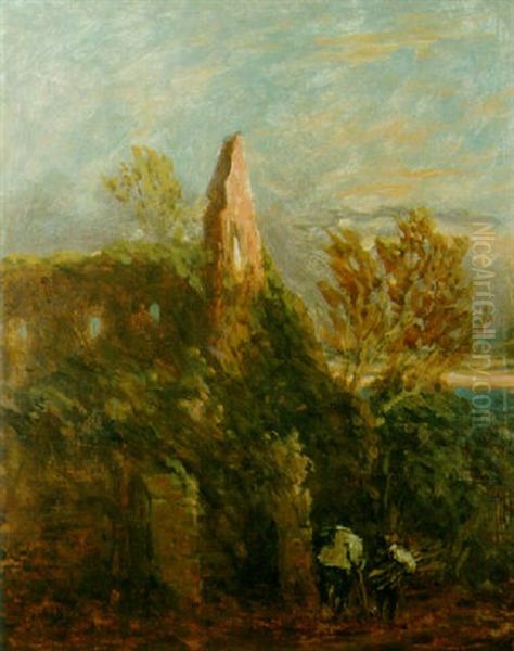 Wood Gatherers By A Ruined Abbey Oil Painting by David Cox