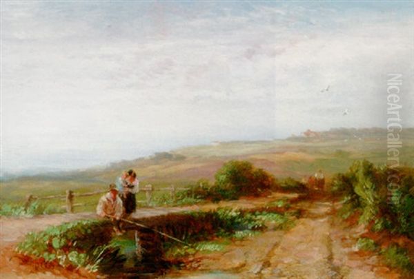 Children Fishing Oil Painting by David Cox