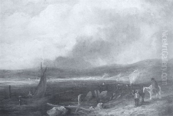 On The Sands - A Boat And Figures On The Shore Oil Painting by David Cox