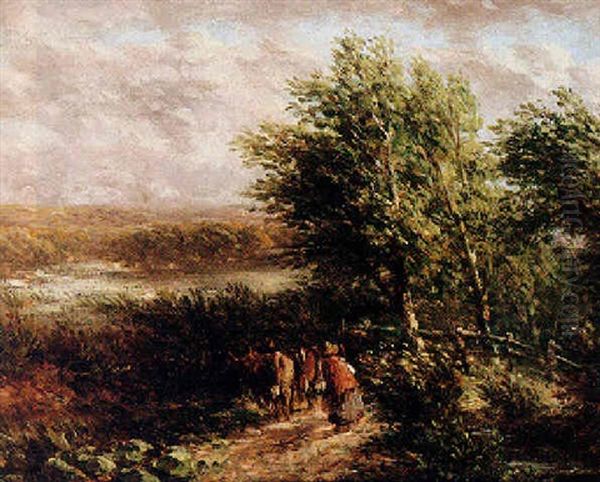 Landscape With Cattle And Drover On A Path Oil Painting by David Cox