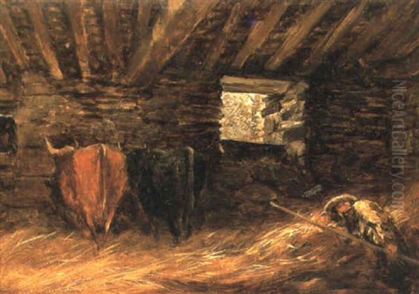 Barn Interior With Sleeping Herdsman Oil Painting by David Cox