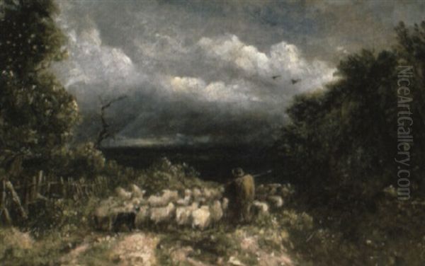 A Shepherd Herding His Flock Oil Painting by David Cox