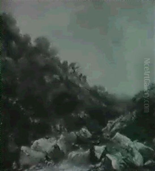 Landscape With Rocky Stream And Fisherman Oil Painting by David Cox