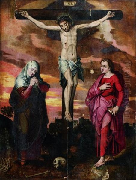 Le Christ En Croix Entre La Vierge Marie Et Saint Jean L'evangeliste Oil Painting by Michiel Coxie