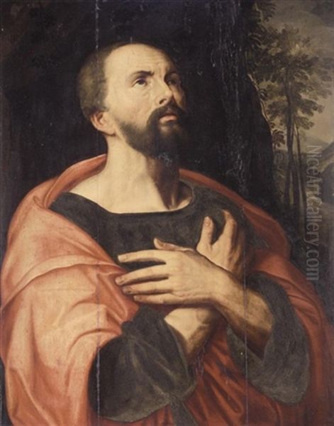 A Male Saint In A Landscape Oil Painting by Michiel Coxie