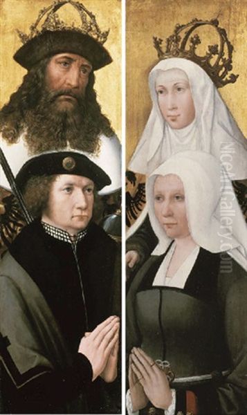 The Emperor Charlemagne And Elisabeth Von Thuringen As Patron Saints Of Two Donors - Guillaume De Bourgoing And Philippa Le Clerc Du Tremblay? (wings Of An Altarpiece) Oil Painting by Michiel Coxie