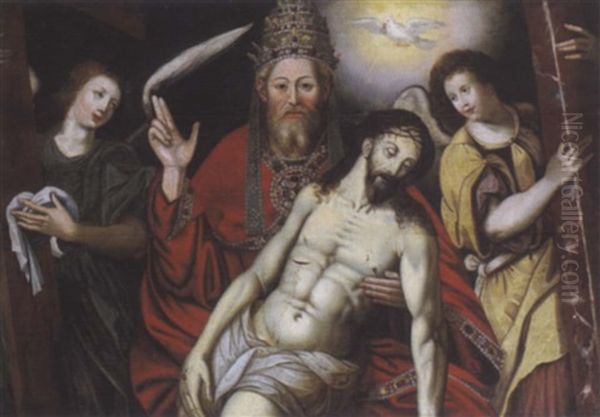 Gnadenstuhl (gottvater Mit Christus Und Dem Heiligen Geist) Flankiert Von Zwei Engeln Oil Painting by Michiel Coxie