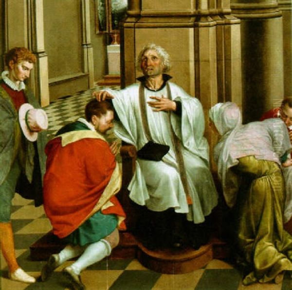 A Cathedral Interior With A Priest In The Act Of Absolution Oil Painting by Michiel Coxie