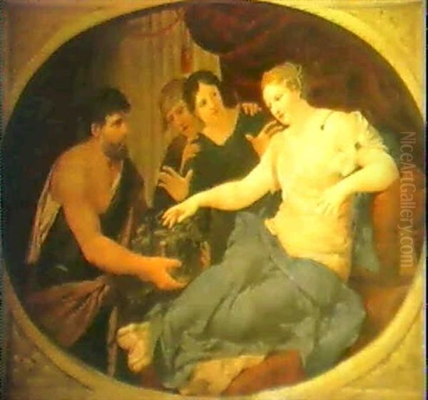 Cleopatra Seated On A Couch About To Snatch The Asp From A  Basket Of Figs... Oil Painting by Noel Coypel