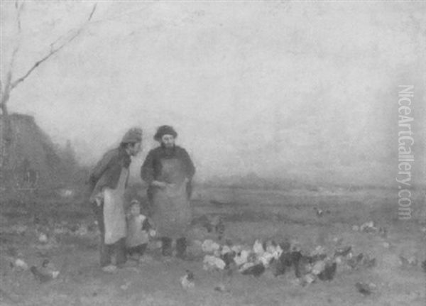 Zwei Bauern Im Gesprach Umgeben Von Einer Schar Huhner Oil Painting by Florent Nicolas Crabeels