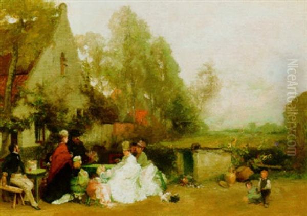 A Family In The Garden Oil Painting by Florent Nicolas Crabeels