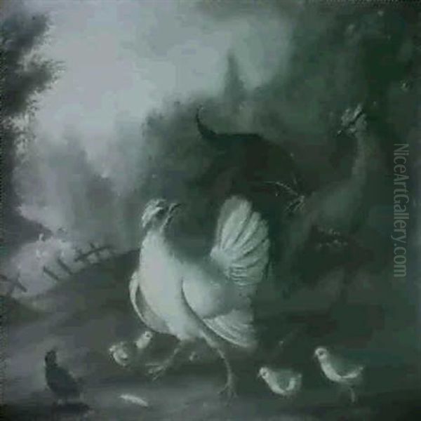 Poultry In A River Landscape Oil Painting by Marmaduke Cradock