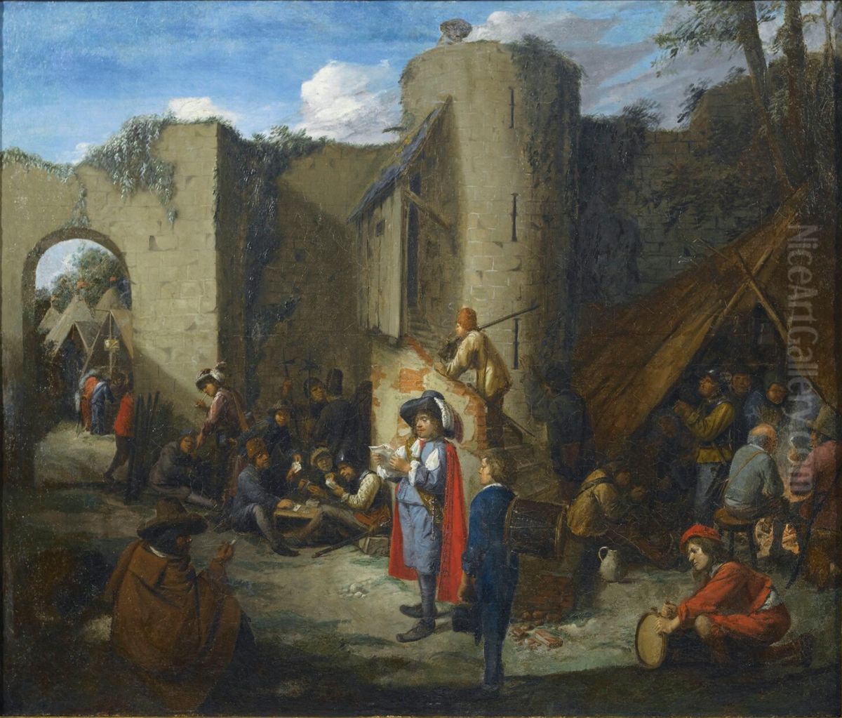 An Officer Reading A Letter In A Military Encampment Beside The Walls Of A Castle Oil Painting by Joos van Craesbeeck