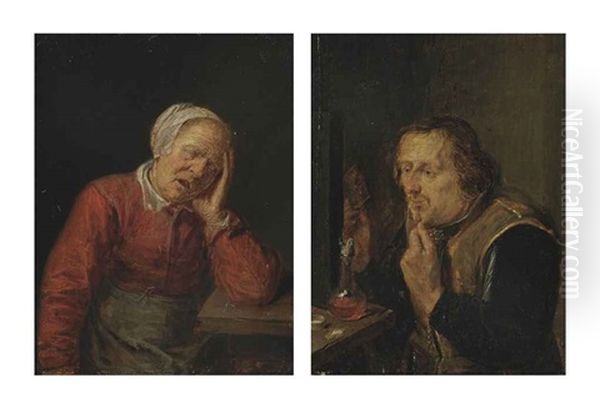 An Old Woman Asleep (+ A Man Combing His Beard; Pair) Oil Painting by Joos van Craesbeeck