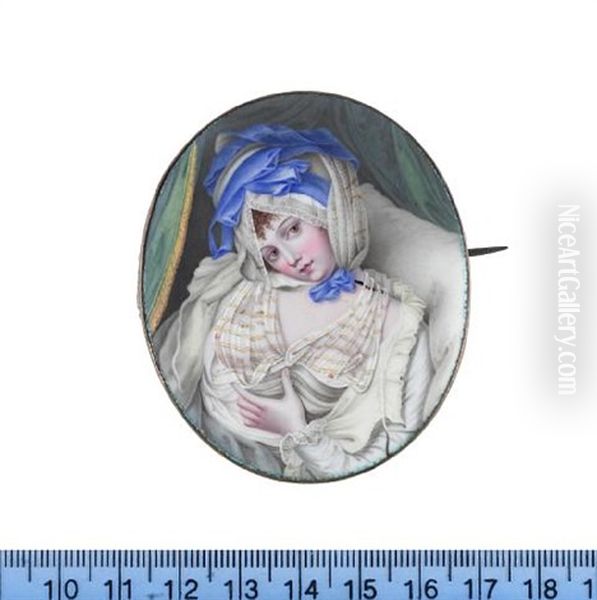 A Lady, Reclining Against A Pillow Beneath Green Drapery, Wearing White Sheer Muslin Chemise With Pale Yellow Stripes, Cream Unfastened Robe With Lace Cuffs Oil Painting by William Hopkins Craft