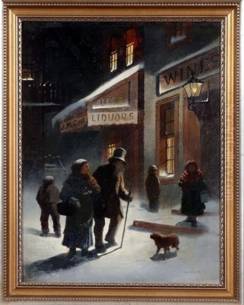 Nocturnal Winter Street Scene With Figures Walking In Snow Oil Painting by Thomas Bigelow Craig