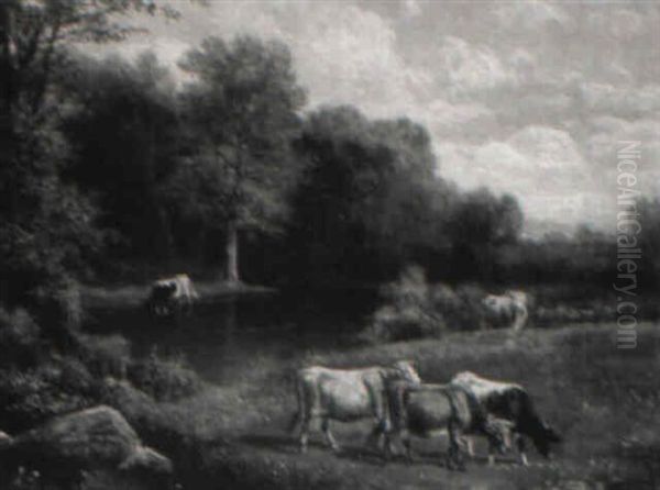 Cows In A Landscape Oil Painting by Thomas Bigelow Craig