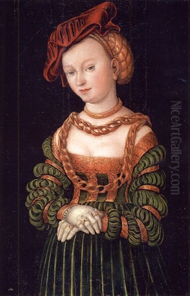 Portrait Of A Young Woman As A Court Beauty, Wearing A Red Cap And A Green Dress Trimmed With Gold, Her 
Decolletage Bedecked With Gold Chains Oil Painting by Lucas Cranach the Elder