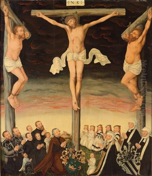 Christus Am Kreuz Mit Stiftern Und Ihren Wappen Oil Painting by Lucas The Younger Cranach