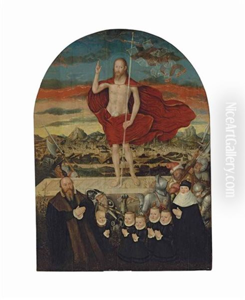 An Epitaph: The Resurrected Christ With A Donor Family Oil Painting by Lucas The Younger Cranach