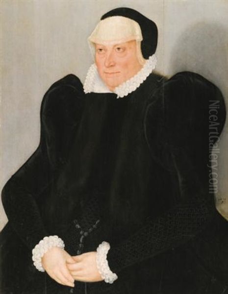 Portrait Of A Lady, Half-length, In A Black Dress With A White Lace Collar And Cuffs Oil Painting by Lucas The Younger Cranach