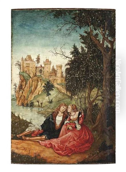 A Wooded River Landscape With An Amorous Couple At Rest Under A Tree, A Fortified Castle Beyond Oil Painting by Lucas The Younger Cranach