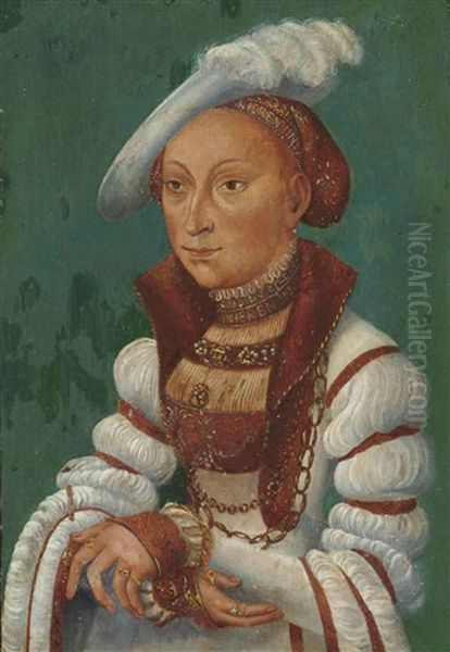 Portrait Of Sibylle Von Cleve, Electress Of Saxony (1510-1554), Half- Length, In A White Dress With Bands Of Gold And A White Feathered Hat Oil Painting by Lucas The Younger Cranach