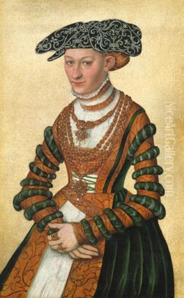 Portrait Of A Lady, Three-quarter Length, In A Green Velvet And Orange Dress And A Pearl-embroidered Black Hat Oil Painting by Lucas The Younger Cranach